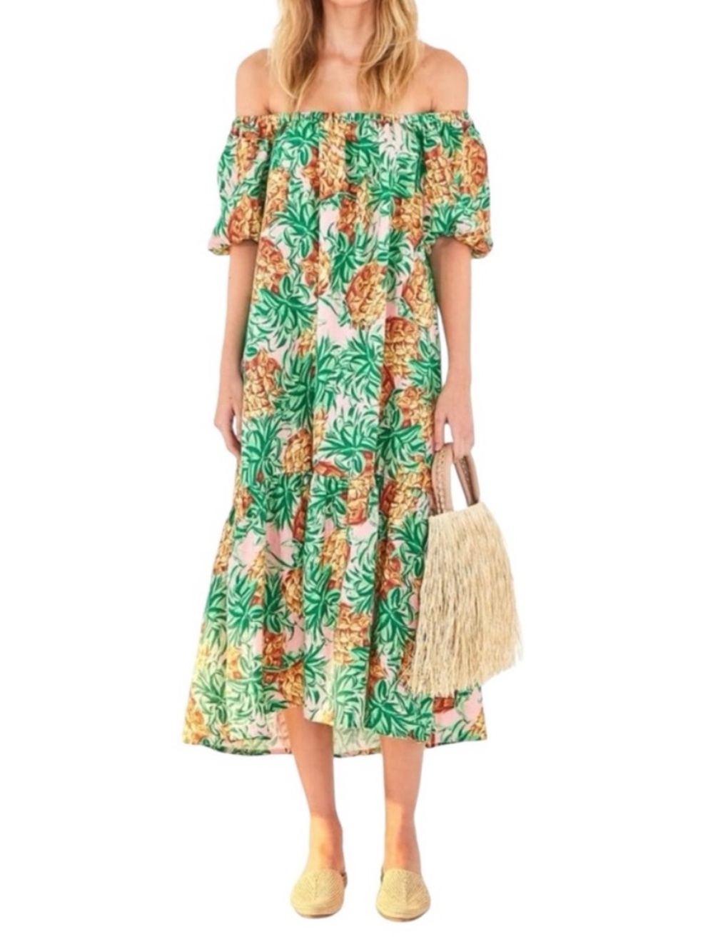 FARM Rio Pineapple Garden Linen Off Shoulder Puff Sleeve Midi Dress Pink